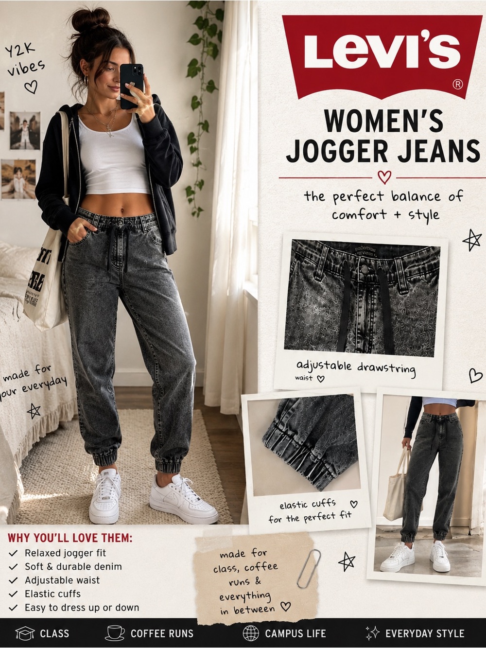 🖤 Levi’s Signature Grey Denim Joggers W34 | ✨ Y2K Campus 🎧